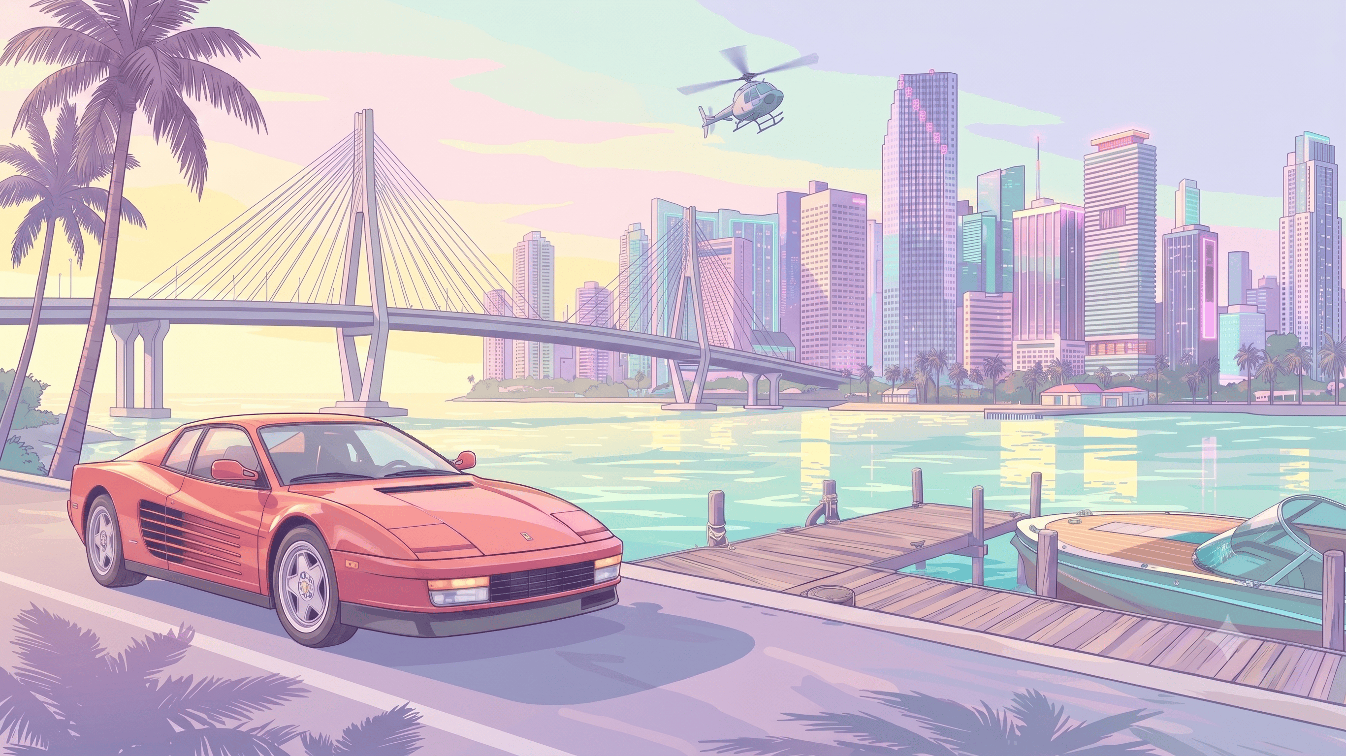Vice City skyline at sunset with neon lights reflecting over the water, palm trees silhouetted against a pink and orange sky